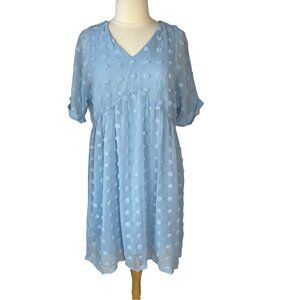 Kirundo Dress Medium Blue New Pom Texture Fit and Flair Short Sleeves